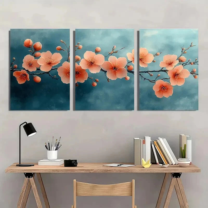 3pcs Peach Blossom Floral Watercolor Art Prints Metal Print Ready to Hang Art - Bella Home Decor