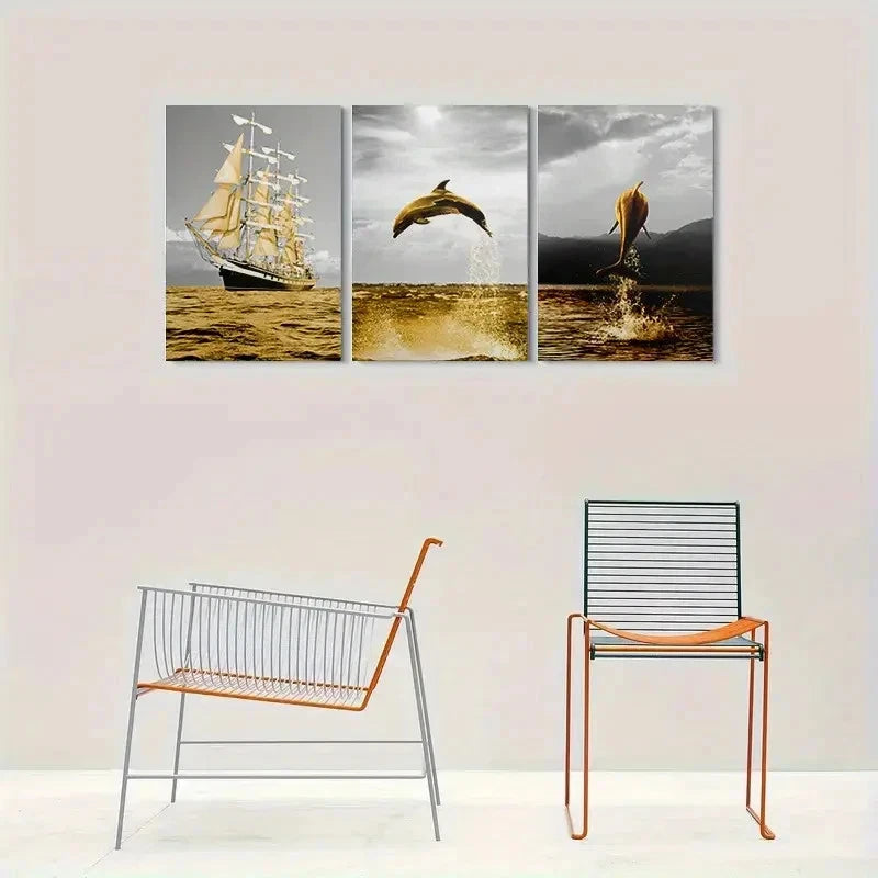 3pcs Golden Ocean Ship and Jumping Dolphins Metal Print Ready to Hang Art - Bella Home Decor