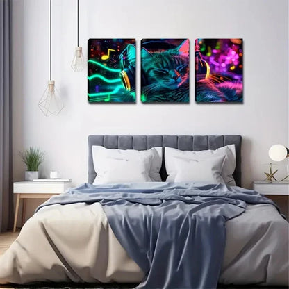 3pcs Neon Light Abstract Cat Listening to Music Wall Art Canvas Unframed - High Quality Print 100% Australian Made Wall Canvas