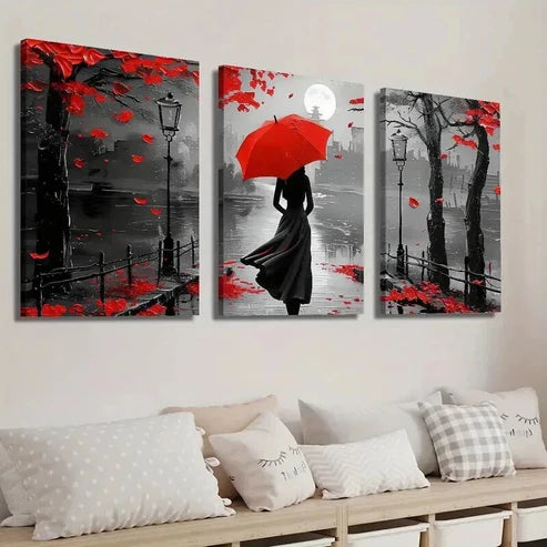 3pcs Black & White Girl with Red Umbrella Wall Art Set Canvas Unframed - High Quality Print 100% Australian Made Wall Canvas - Bella Home Decor