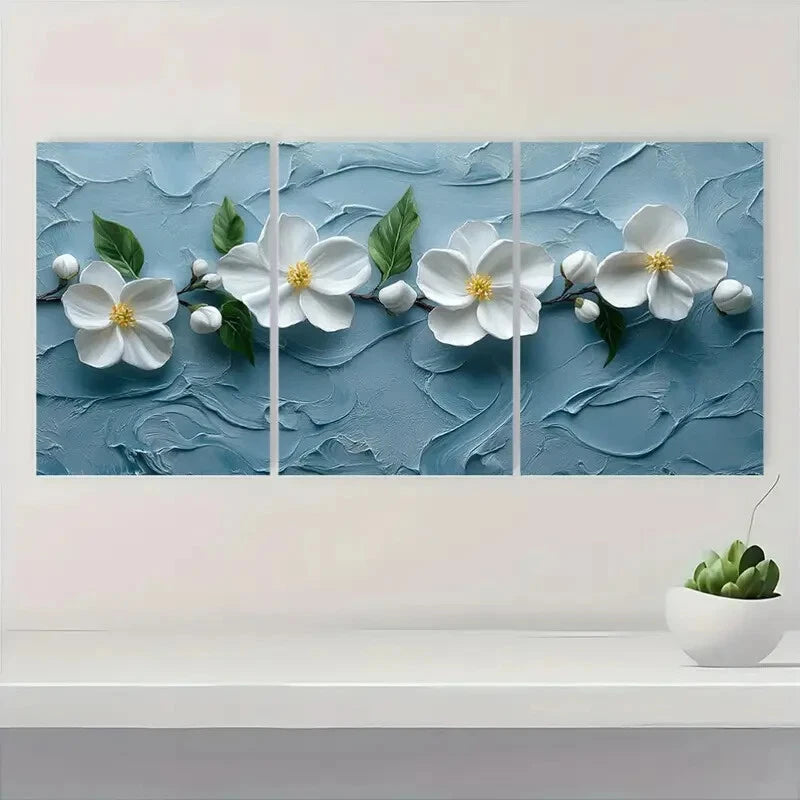 3pcs White West Indian Jasmine Painting Print Metal Print Ready to Hang Art - Bella Home Decor