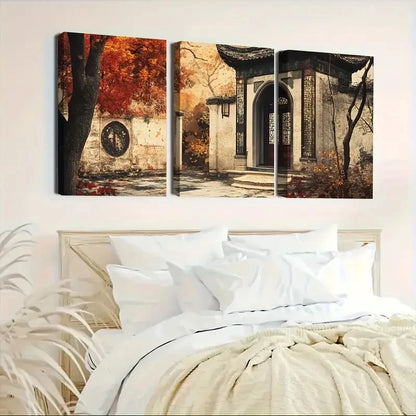 3pcs Courtyard Amidst an Autumn Forest  CAAF  Wall Art Canvas  Framed 60x90cm - High Quality Print 100% Australian Made Wall Canvas Ready to Hang - Bella Home Decor