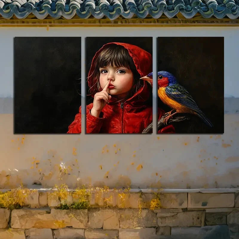 3pcs The Girl in Red and The Bird Modern Design Metal Print Ready to Hang Art - Bella Home Decor