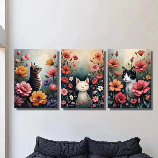 3pcs Cats in the Garden Colorful Floral Metal Print Ready to Hang Art