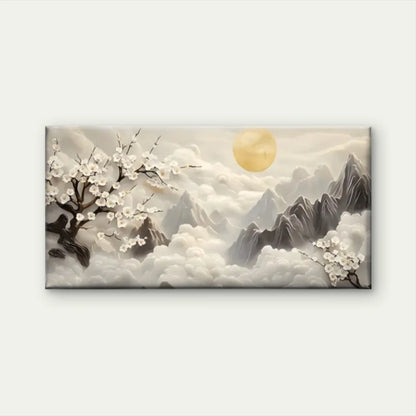 Moon & Cherry Blossom Mountain Wall Art Canvas Office Home Room Framed 120x60cm