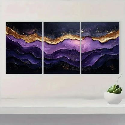 3pcs Abstract Golden Wave Black & Purple Textured Metal Print Ready to Hang Art - Bella Home Decor