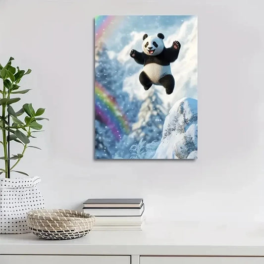 Panda Joyful Jumping on Snowy Painting 40x60cm Metal Print Ready to Hang