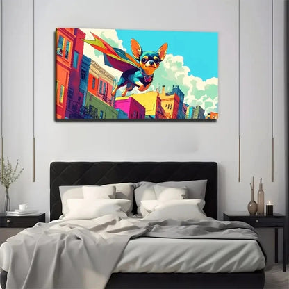 Superhero Dog Flying Painting Wall Art Canvas Office Home Room Framed 120x60cm