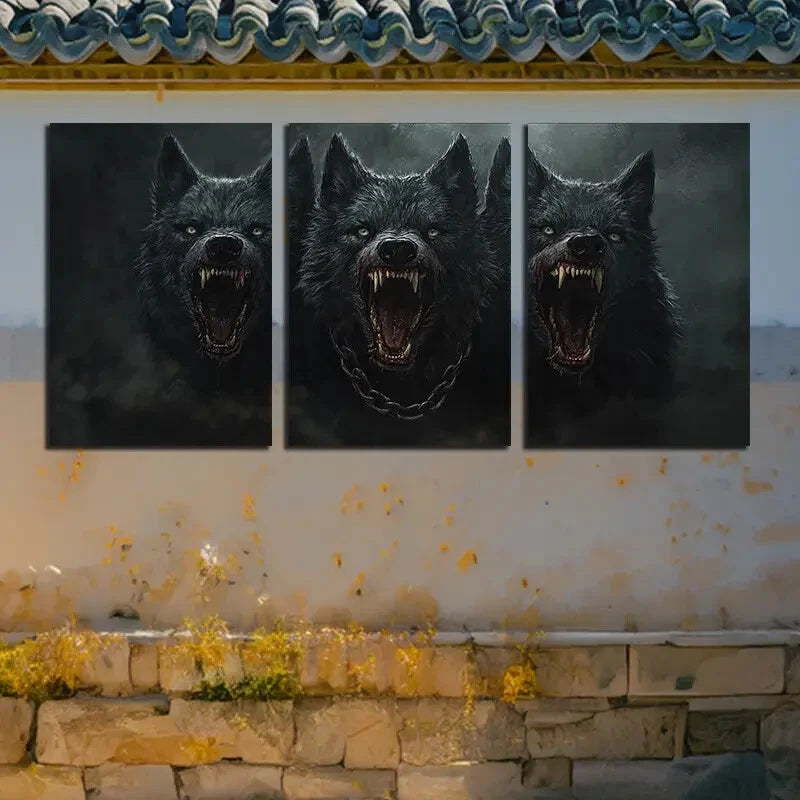 3pcs Wolf wearing a Chain around its Neck Design Metal Print Ready to Hang Art - Bella Home Decor
