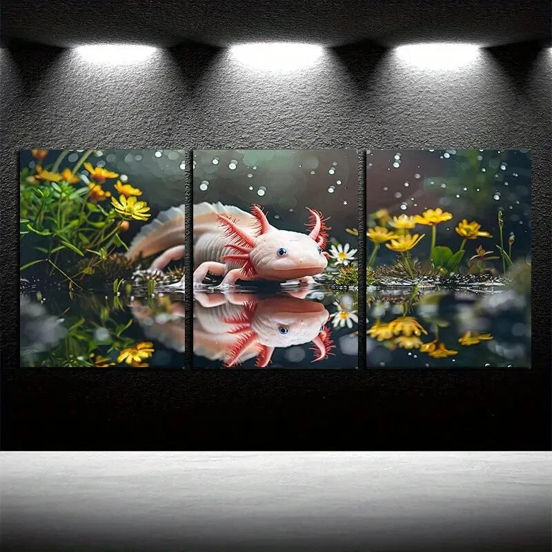 3pcs White Axolotl by The Pool Design Metal Print Ready to Hang Art - Bella Home Decor