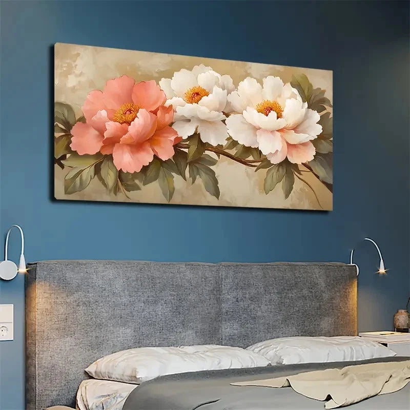 Floral painting above a bed in a bedroom with blue walls.