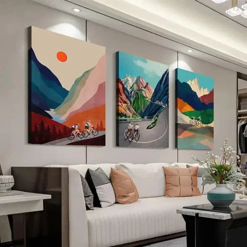 3pcs Vibrant Cycling Couple Scenic Landscape  Wall Art Set Canvas Unframed - High Quality Print 100% Australian Made Wall Canvas