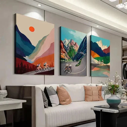 3pcs Vibrant Cycling Couple Scenic Landscape  Wall Art Set Canvas Unframed - High Quality Print 100% Australian Made Wall Canvas
