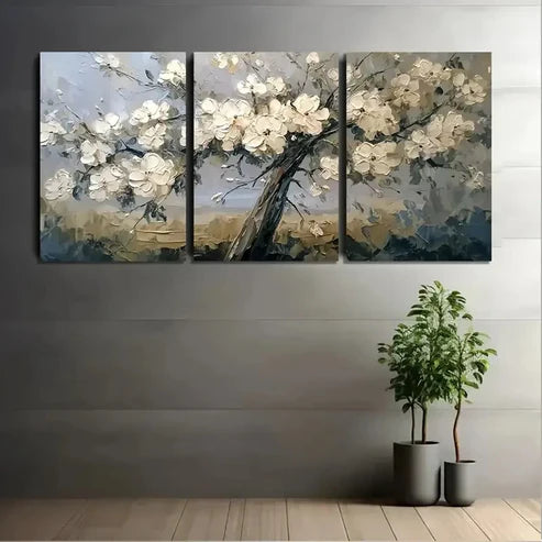 3pcs White Flowers On Tree With Detailed Wall Art Set Canvas Unframed - High Quality Print 100% Australian Made Wall Canvas