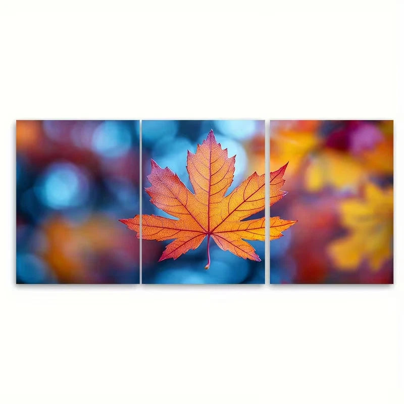 3pcs Vibrant Autumn Maple Leaf Metal Print Ready to Hang Art - Bella Home Decor