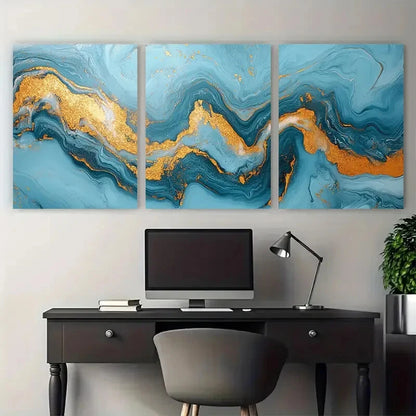 3pcs Elegant Light Blue Marbled with Golden Accent Metal Print Ready to Hang Art - Bella Home Decor