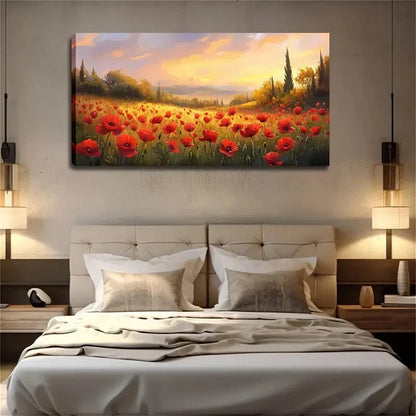 Blooming Red Poppies Field Wall Art Canvas Office Home Room Framed 120x60cm - Bella Home Decor