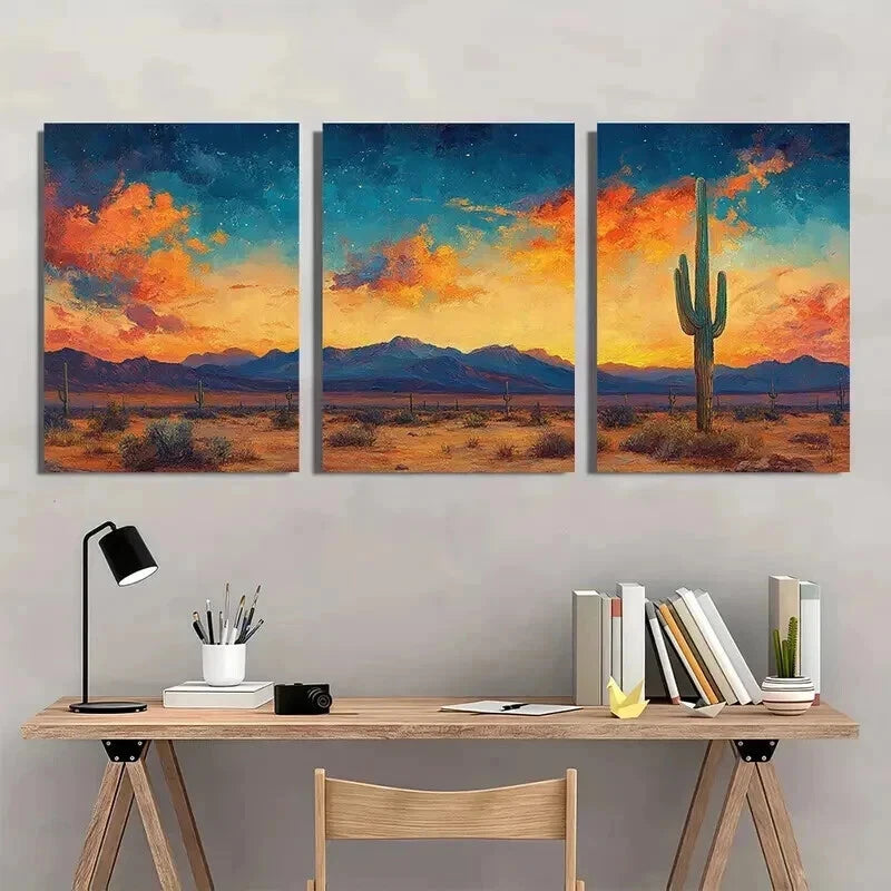 3pcs Painting of Saguaro Cactus Colorful Desert Wall Art Set Canvas Framed 50x70cm - High Quality Print 100% Australian Made Wall Canvas Ready to Hang - Bella Home Decor