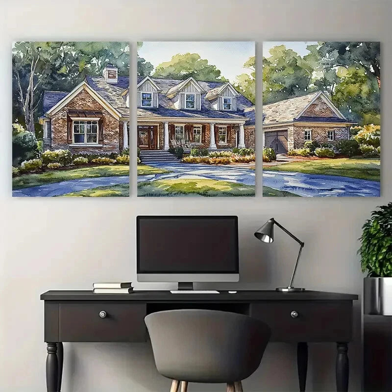3pcs Custom House Portrait Illustration Metal Print Ready to Hang Art - Bella Home Decor