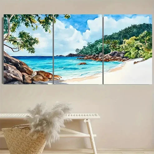 3pcs Beach Scene with Palm Trees & Ocean Wall Art Canvas Unframed - High Quality Print 100% Australian Made Wall Canvas - Bella Home Decor