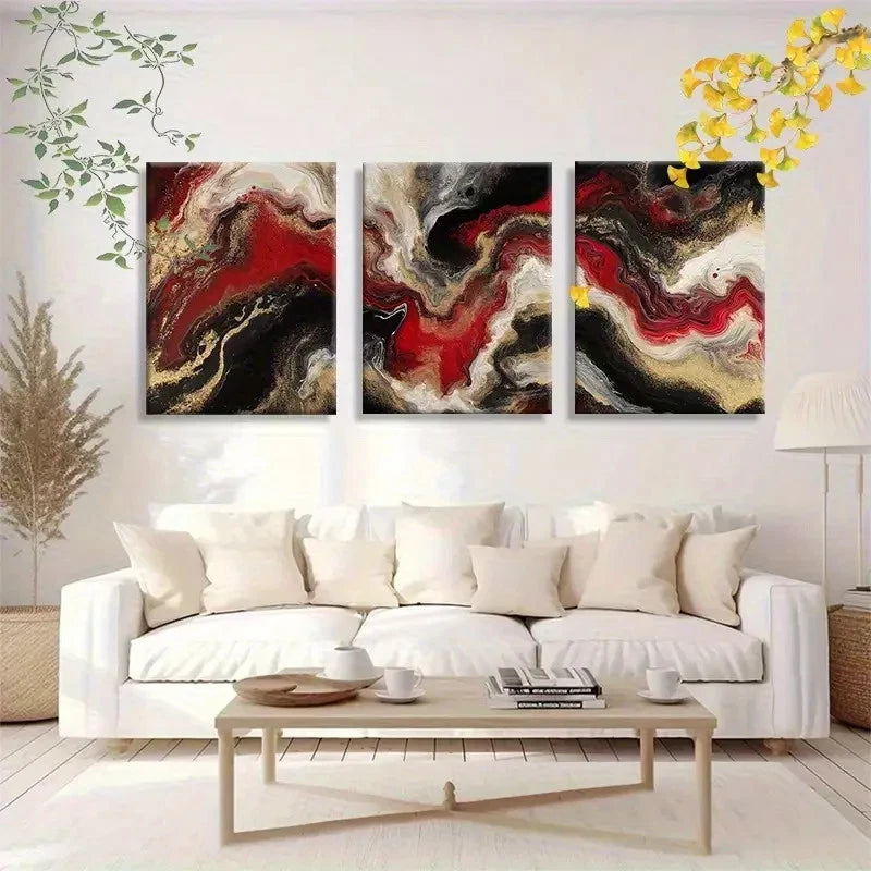 3pcs Abstract Fluid Ink Red Black Golden Swirl Metal Print Ready to Hang Art - Bella Home Decor