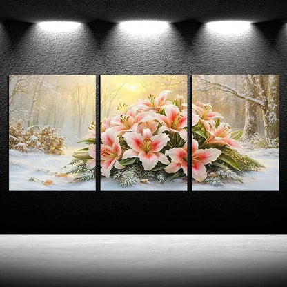 3pcs Vibrant Lily Flowers in the Snow Metal Print Ready to Hang Art - Bella Home Decor
