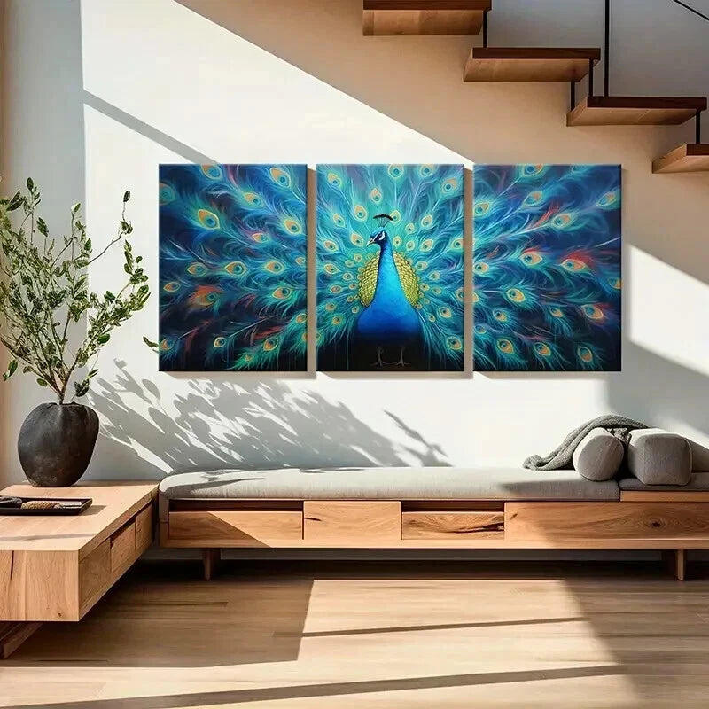3pcs Peacock In Full Bloom Abstract Aesthetic Wall Art Set Canvas Framed 60x90cm - High Quality Print 100% Australian Made Wall Canvas Ready to Hang - Bella Home Decor