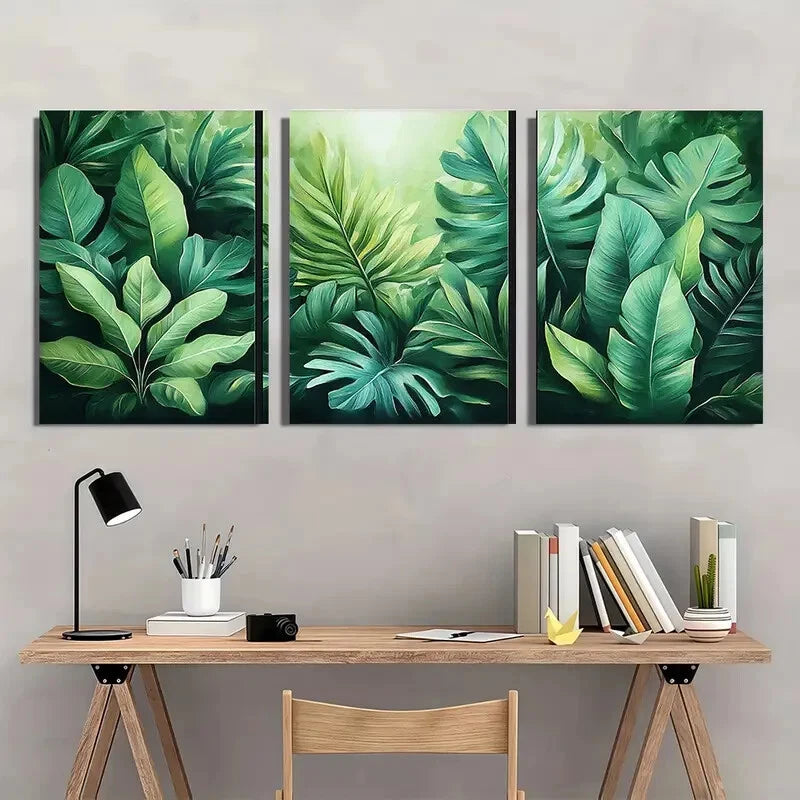 3pcs Pastel Green Tropical Leaves Illustrations Metal Print Ready to Hang Art - Bella Home Decor