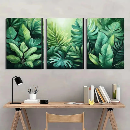 3pcs Pastel Green Tropical Leaves Illustrations Metal Print Ready to Hang Art - Bella Home Decor