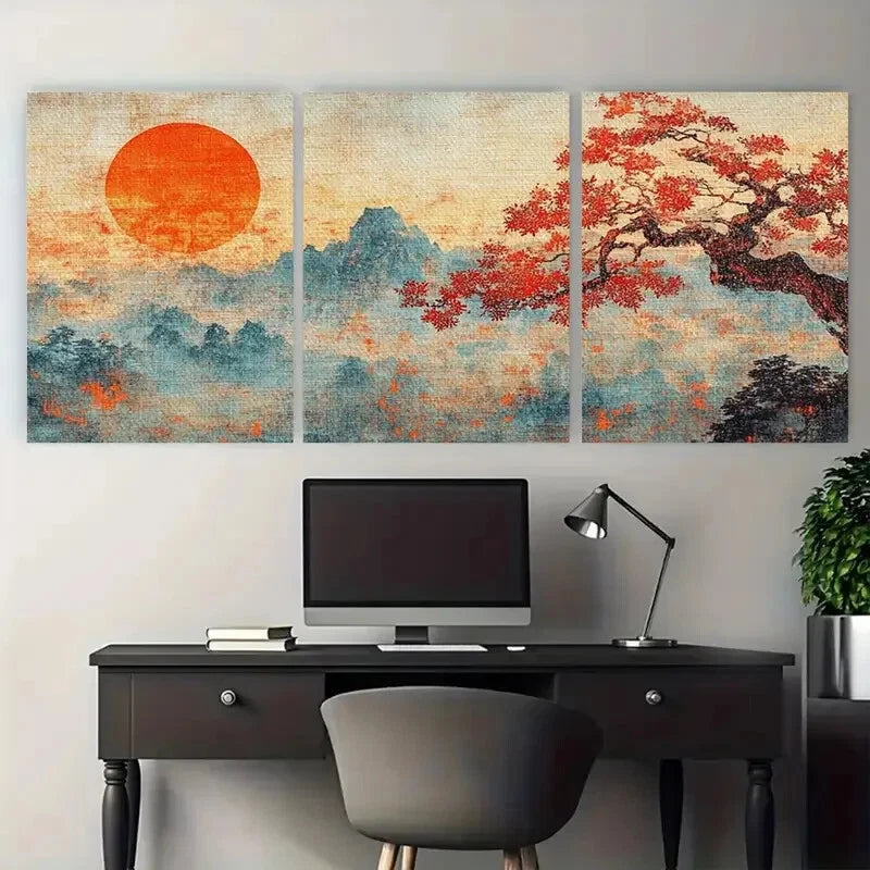 3pcs Japanese Maple Tree at Sunset & Misty Sky Metal Print Ready to Hang Art