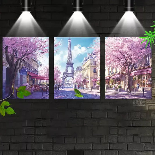 3pcs Cherry Blossoms Eiffel Tower Paris Street Art Set Canvas Framed 50x70cm - High Quality Print 100% Australian Made Wall Canvas Ready to Hang