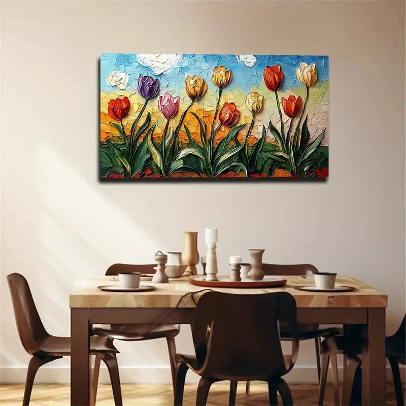 Draw Colorful Tulips Flowers Wall Art Canvas Office Home Room Framed 120x60cm