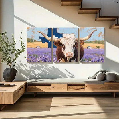3pcs Lavender Field Rustic Texas Longhorn Cow Metal Print Ready to Hang Art - Bella Home Decor