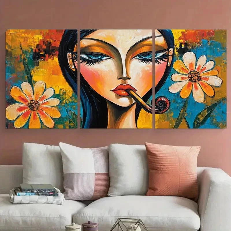 3pcs Abstract Woman Smoking Portrait with Floral Wall Art Set Canvas Framed 40x60cm - High Quality Print 100% Australian Made Wall Canvas Ready to Hang - Bella Home Decor