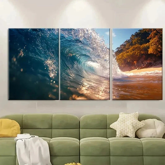 3pcs Barrelling Tube Wave Ocean DT  Wall Art Set Canvas Framed 50x70cm - High Quality Print 100% Australian Made Wall Canvas Ready to Hang