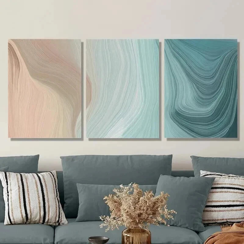 3pcs Swirling Brown & Turquoise Lines Wall Art Set Canvas Framed 50x70cm - High Quality Print 100% Australian Made Wall Canvas Ready to Hang