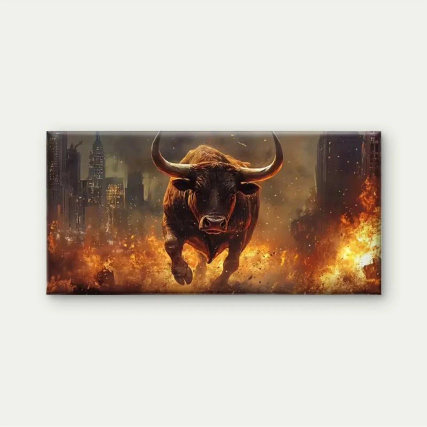Charging Bull with Flames Wall Art Canvas Office Home Room Framed 120x60cm