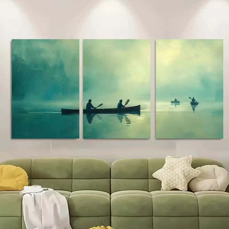 3pcs Serene Blue Green Lake Canoeing Metal Print Ready to Hang Art