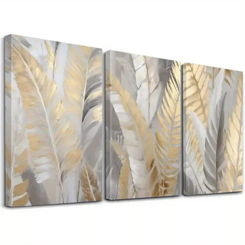 3pcs Abstract Golden Leaf Palm Wall Art Canvas Unframed - High Quality Print 100% Australian Made Wall Canvas - Bella Home Decor