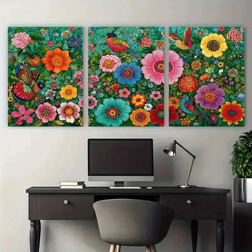 3pcs Colorful Floral Bird Peruvian Folk Perfect Wall Art Set Canvas Framed 40x60cm - High Quality Print 100% Australian Made Wall Canvas Ready to Hang - Bella Home Decor