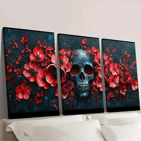 3pcs Floral Skeleton Skull Modern Art A Wall Art Set Canvas Unframed - High Quality Print 100% Australian Made Wall Canvas - Bella Home Decor