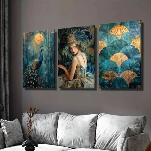 3pcs Gatsby Girl Peacock Full Moon  Wall Art Set Canvas Unframed - High Quality Print 100% Australian Made Wall Canvas - Bella Home Decor