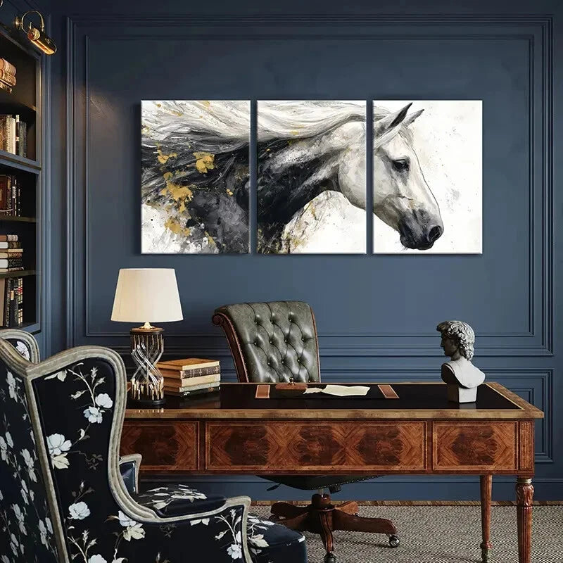 3pcs Abstract Horse Art White Mane Black Body Metal Print Ready to Hang Art - Bella Home Decor
