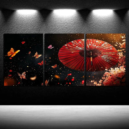 3pcs Red Flower and Paper Umbrella Design Metal Print Ready to Hang Art - Bella Home Decor