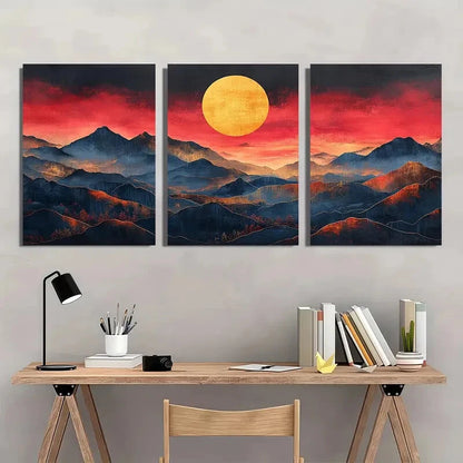 3pcs Minimalist Mountain Art with Sunset Boho Metal Print Ready to Hang Art - Bella Home Decor