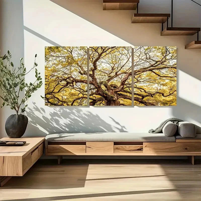 3pcs Curved Branches & Sunlit Leaves Metal Print Ready to Hang Art - Bella Home Decor