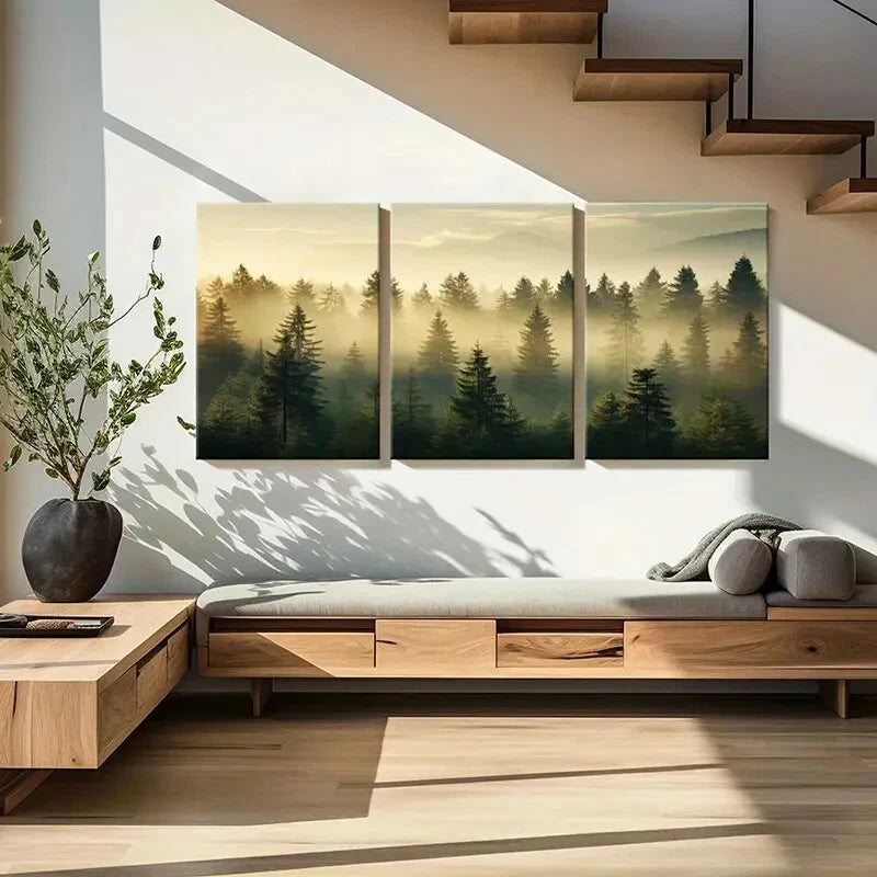 3pcs Misty Forest Landscape Pine Trees Golden Metal Print Ready to Hang Art - Bella Home Decor