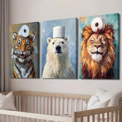 3pcs Tiger and Polar Bear Toilet Paper on Head Wall Art Set Canvas Unframed - High Quality Print 100% Australian Made Wall Canvas