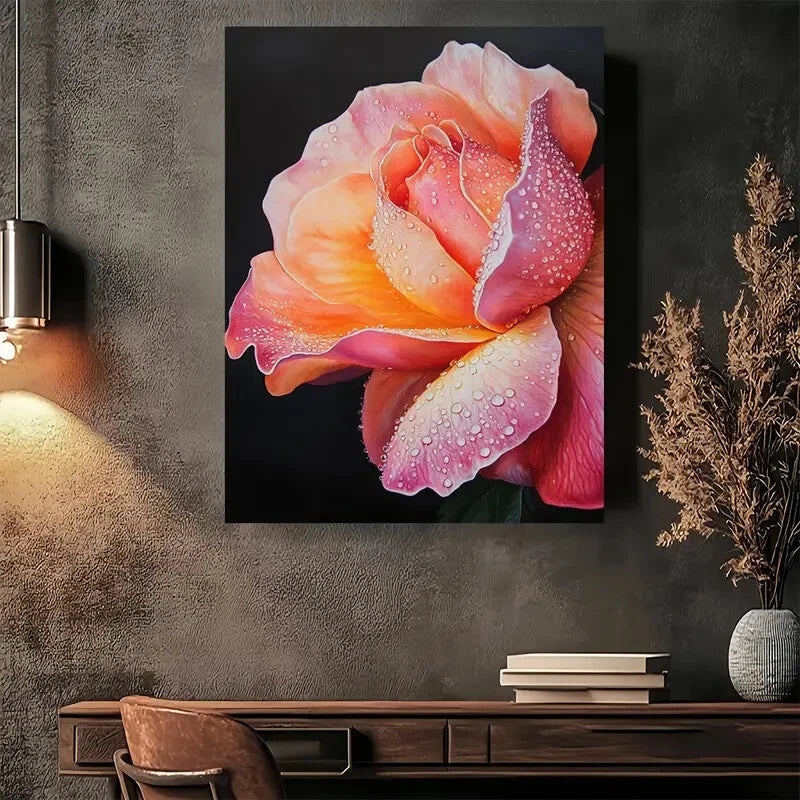 Beautiful Rainbow Rose Dew Drops Modern Painting 40x60cm Metal Print Ready to Hang - Bella Home Decor