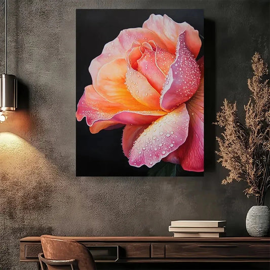 Beautiful Rainbow Rose Dew Drops Modern Painting 40x60cm Metal Print Ready to Hang